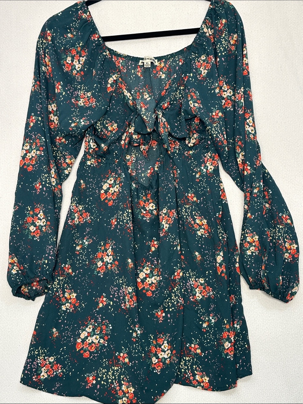 Inspired Hearts Teal Floral Long-Sleeve Tie-Front Mini Dress